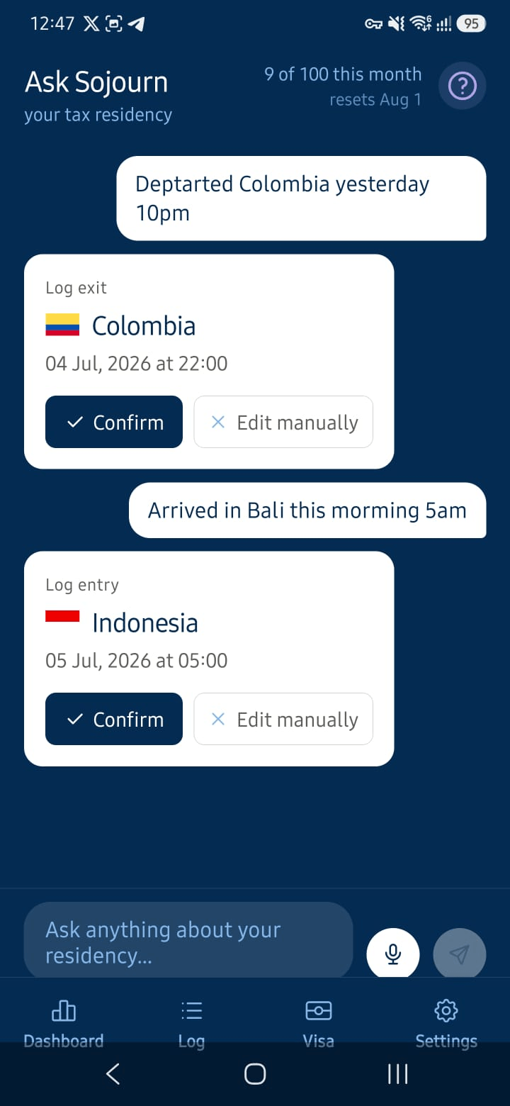 Ask Sojourn: the user typed "Departed Colombia yesterday 10pm" and "Arrived in Bali this morning 5am"; the assistant shows confirmation cards for Colombia and Indonesia with flags and dates.