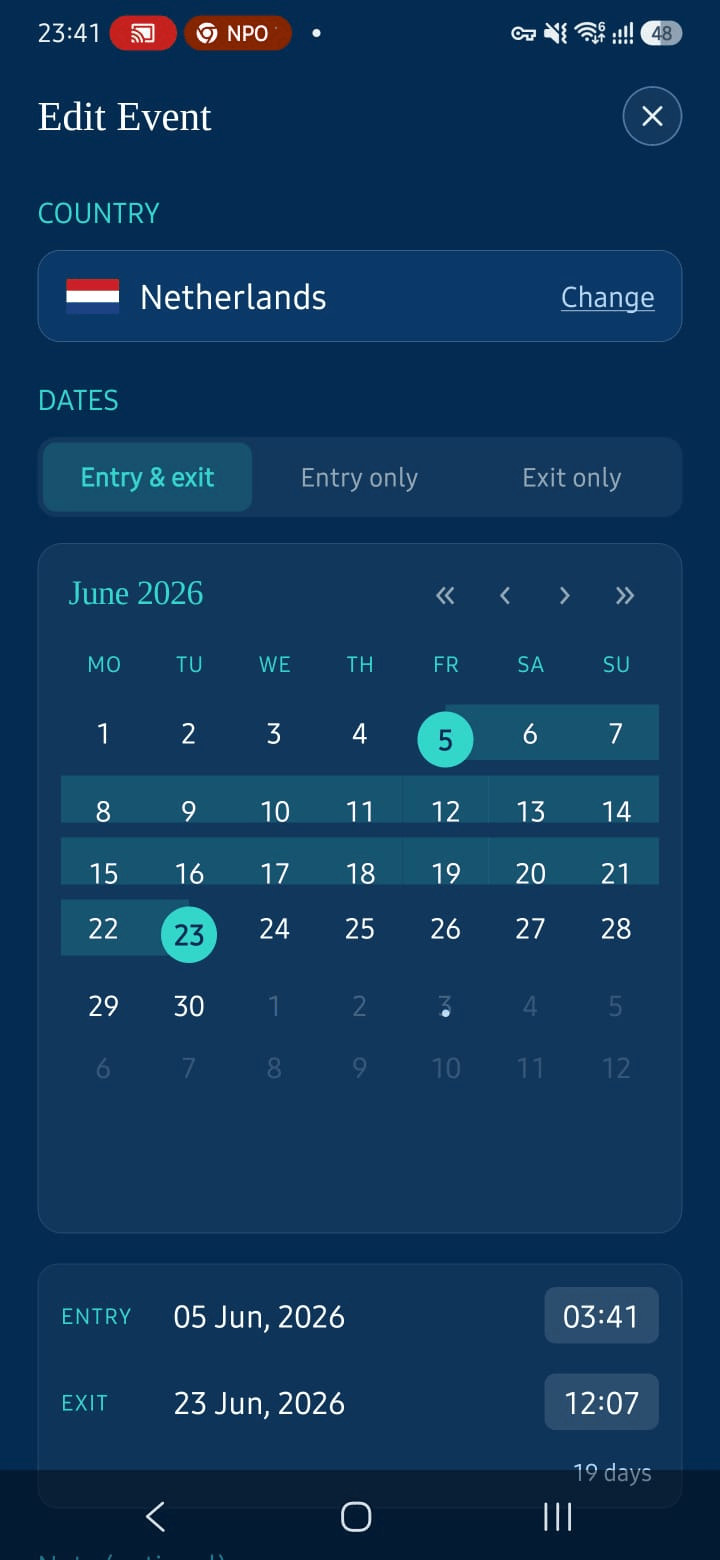 Sojourn log-a-stay screen: the Netherlands selected, entry and exit dates picked on a calendar, showing 19 days.