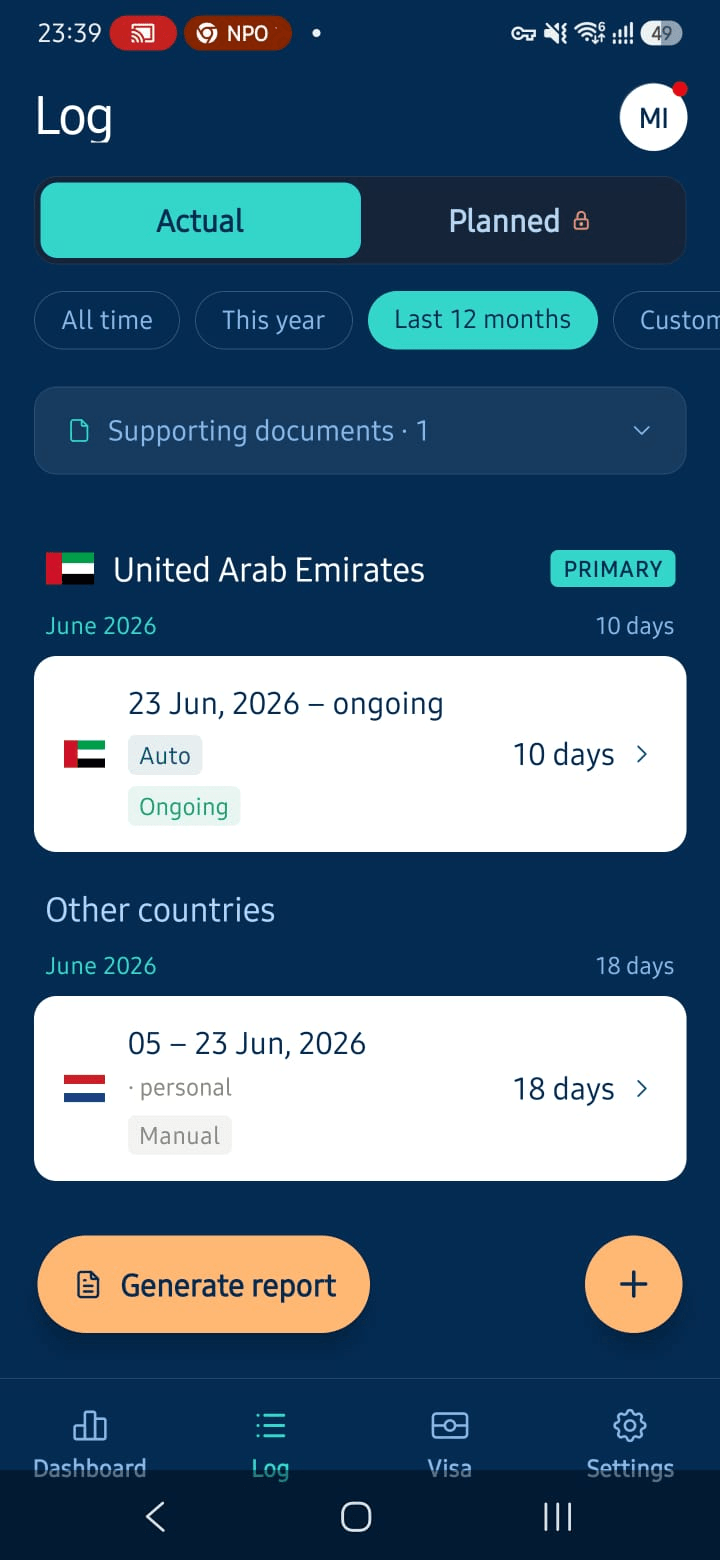 Sojourn log: actual stays grouped by month for the UAE and other countries, with a Generate report button.