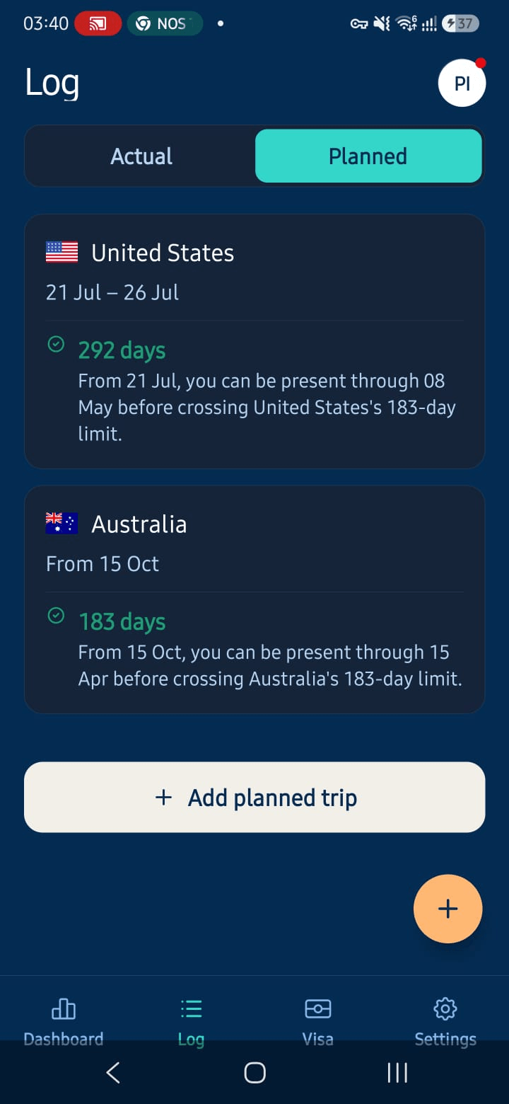 Sojourn planned trips: the United States and Australia, each showing how many days you can be present before crossing the 183-day limit.